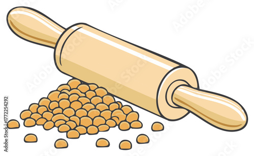 Rolling pin illustration rests beside a pile of cookie dough pieces for culinary concept design