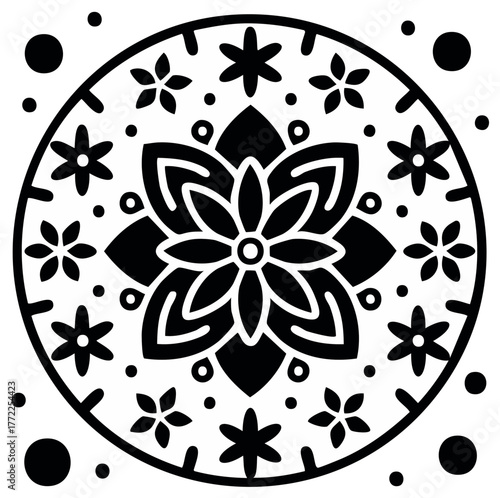 Floral Mandala with Petals, Stars and Dots Geometric Abstract Illustration