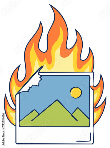 Burning Photograph with Mountain View, Flames Engulfing Instant Picture Illustration