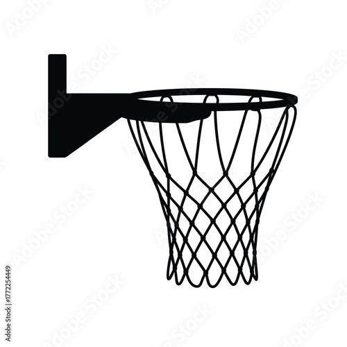 Black silhouette of a basketball hoop and net on a white background