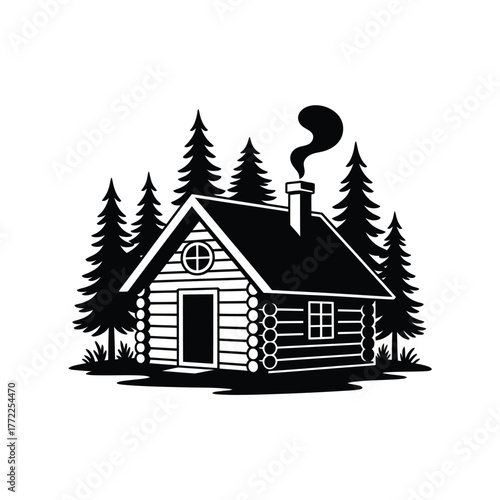 Rustic log cabin in a dense pine forest with smoke from chimney