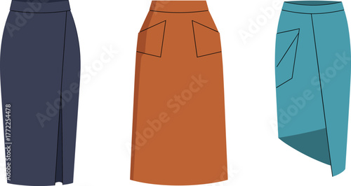 Vector CAD drawing of three skirt styles with slit, flap pockets, and asymmetrical hem for fashion design and garment illustration layout