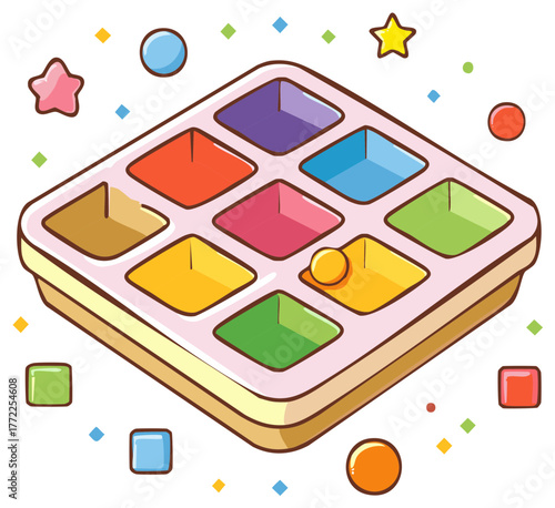 Cartoon Food Tray with Various Color Cubes and Shapes Scattered Around