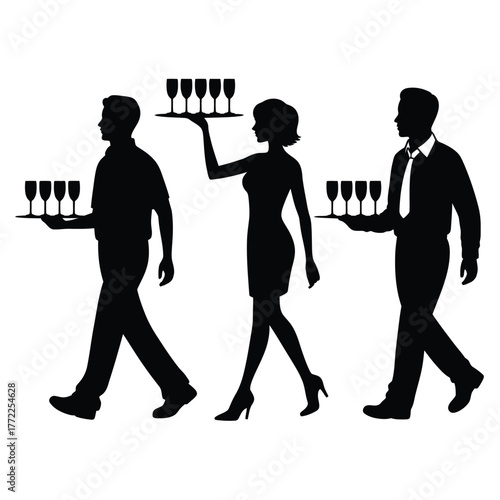 Silhouettes of waiters carrying trays of champagne glasses