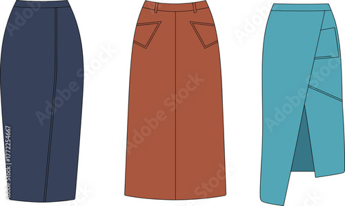 Vector CAD drawing of three skirt styles with smocked waistbands, seam details, and varied silhouettes for fashion design and garment illustration