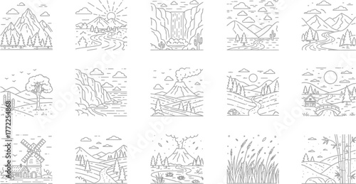 Landscape nature mountain volcano waterfall forest river sun sky clouds tree