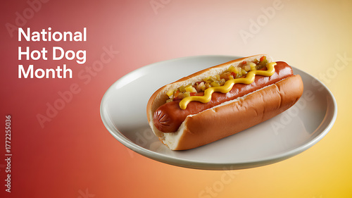 A hot dog with mustard and relish on a white plate, celebrating National Hot Dog Month