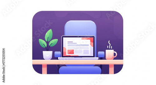Illustration of a cozy home office setup with a laptop, plant, and coffee cup on a desk