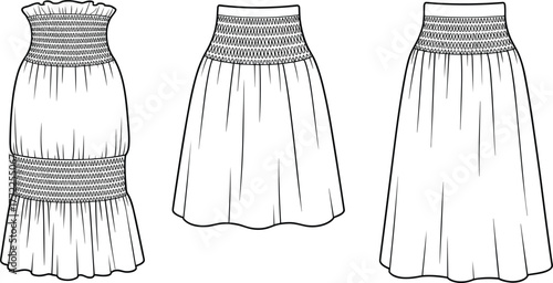 Vector CAD drawing of smocked waistband skirts in three styles with ruffle, flare, and tiered hem for fashion design illustration