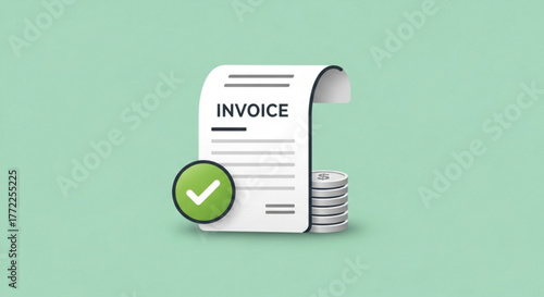 Invoice document with a green checkmark, symbolizing payment confirmation, represents financial transaction success