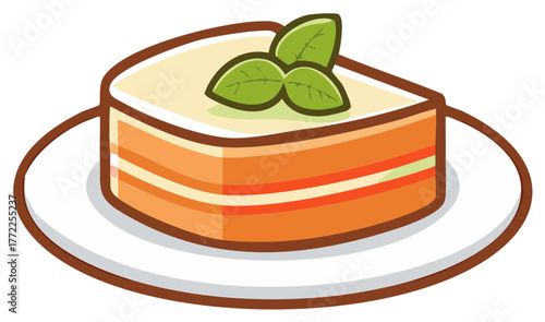 Delicious layered cake slice with cream and green leaf garnish on a white plate illustration