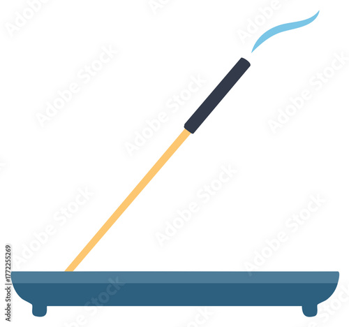 Incense stick burning in a blue holder with smoke aroma vector illustration art