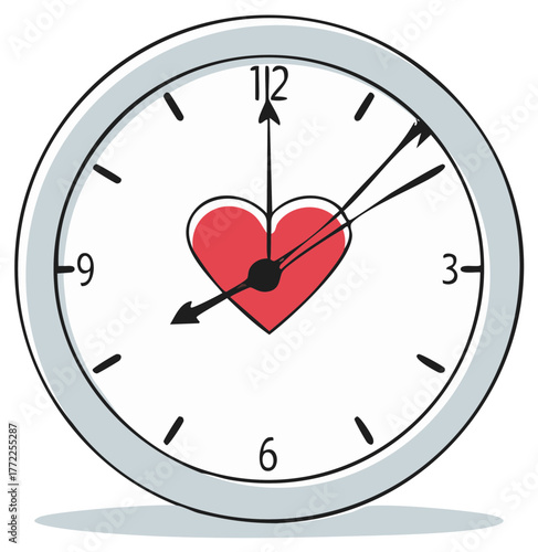 Conceptual clock with a red heart at the center symbolizing love, valuable time, and emotions.