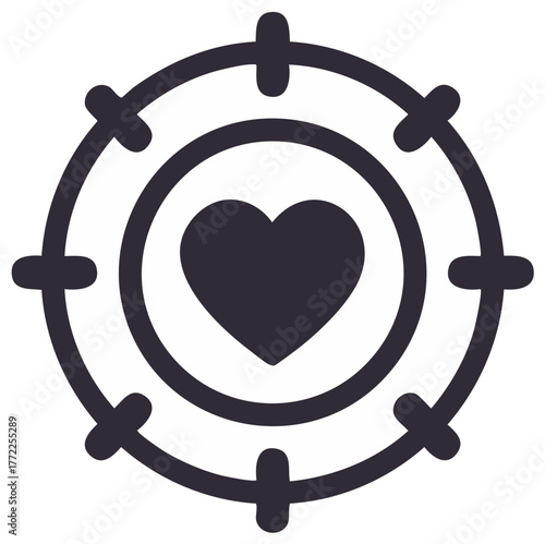 Heart in the crosshairs of a target, a simple icon symbolizing love, passion, dating, and relationship goals.