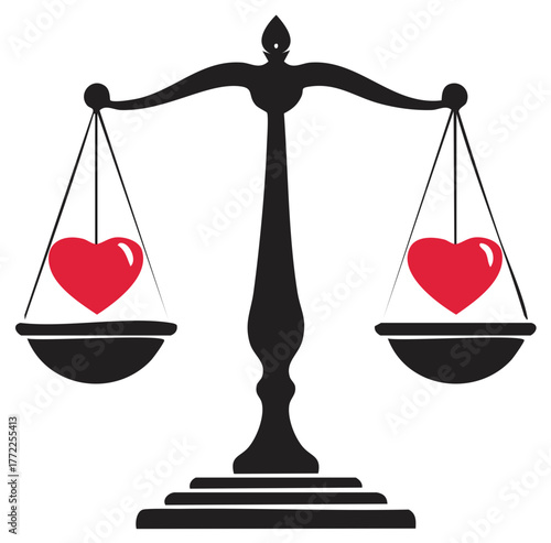 Balancing Scales Holding Red Hearts Symbolizing Love and Justice
