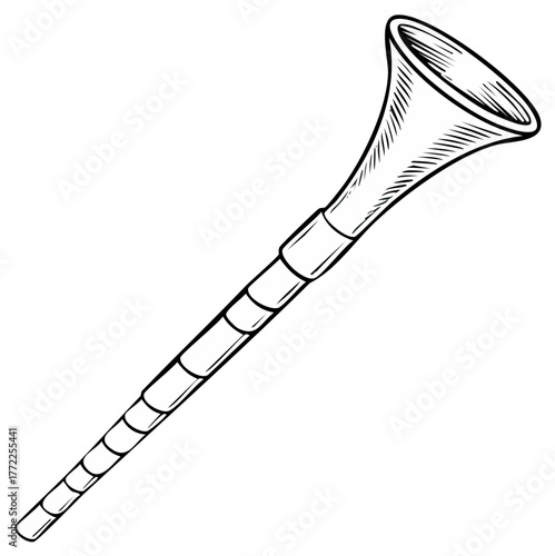 Illustration of a long, curved, conical musical instrument in a detailed line drawing