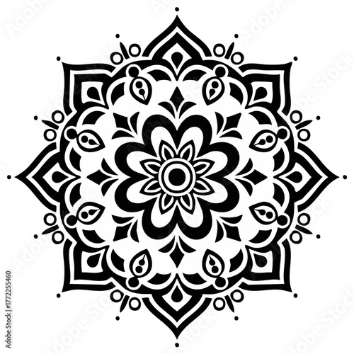 Black and white circular mandala ornament with floral and geometric patterns
