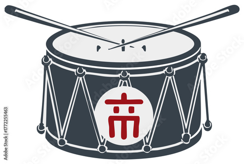 Snare drum with drumsticks featuring an Asian cultural symbol, vector illustration for music.