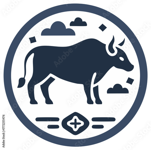 Stylized silhouette of an ox within a celestial circle with clouds and diamond shapes