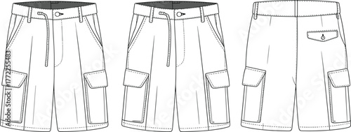 Vector CAD drawing of cargo shorts front and back views with flap pockets, belt loops, and stitching details for garment design