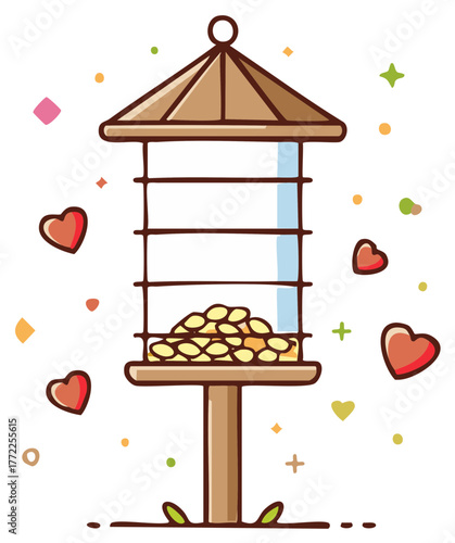 Cute bird feeder filled with seeds and decorated with hearts and colorful dots