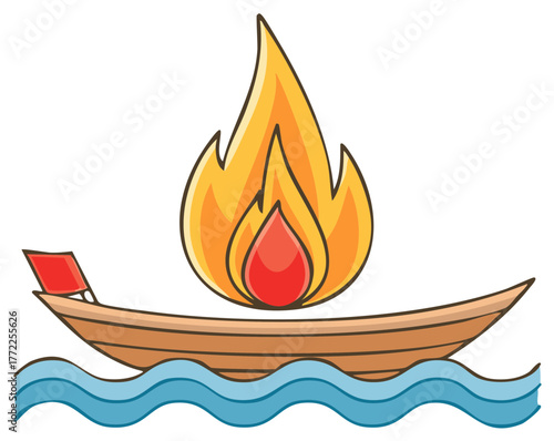 Wooden boat on waves with bright orange fire and red flag