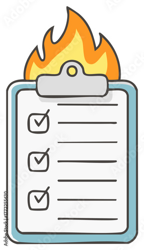 Burning Checklist, Task List with Fire Flames Cartoon Illustration