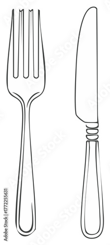 Black outline of a fork and knife, tableware design illustration.