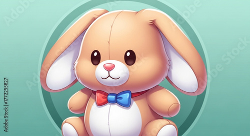 Charming cartoon illustration of a cuddly bunny plush toy with a cute bow tie, set against a soft teal backdrop, perfect for childrens content