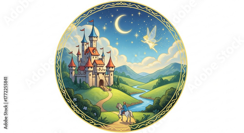 Enchanting fairy tale scene featuring a majestic castle, a crescent moon, and a fairy, all framed within an ornate circular border