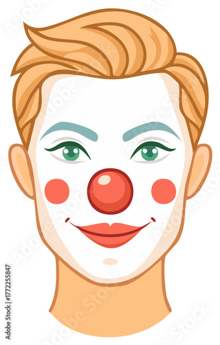 Smiling Person with Classic Clown Makeup and Red Nose Vector Portrait