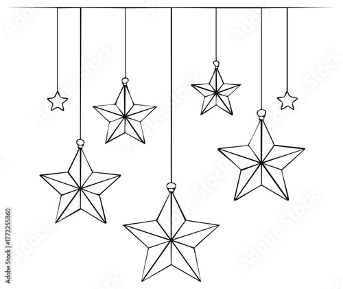 Elegant dangling star ornaments illustration, celestial decorations, black and white outline festive holiday theme, simple elegant design