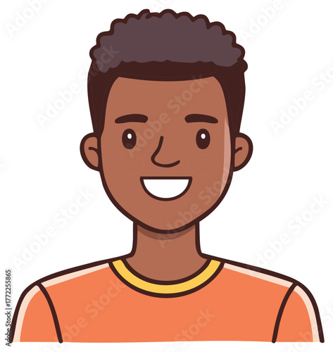 Cartoon African American young man smiling cheerfully with curly hair and orange shirt illustration