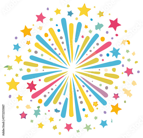 Colorful exploding firework burst with stars and confetti on white background