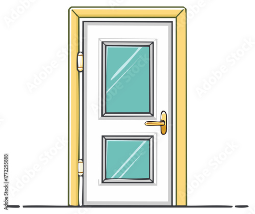 White panel door with gold trim and handle offers entry to a building