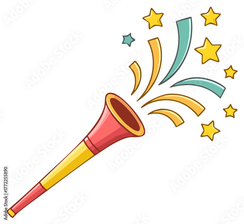 Cartoon Illustration of Celebration Horn with Confetti and Stars for Festive Occasions