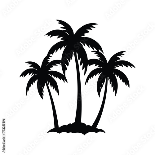 Silhouette of three palm trees on a small sandy island, monochrome illustration, palm tree silhouette vector illustration