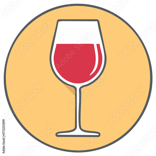 Stylized red wine glass icon with a warm yellow circular background and long shadow