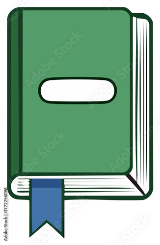 Green hardcover book with blue bookmark, vector illustration