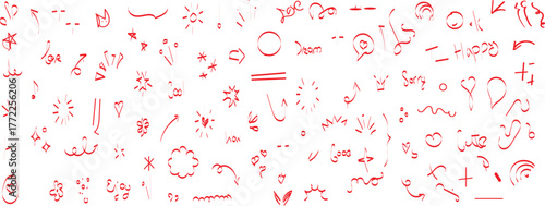 hand-drawn symbols, icons, and shapes in a reddish-pink color on a white background Chalk crayon underline, check mark, scribble and texture in rough hand sketch style