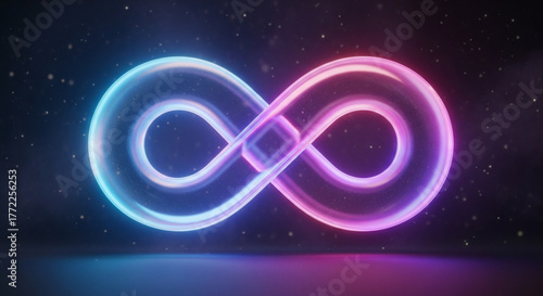 Infinity symbol glowing with neon light against a cosmic backdrop, symbolizing endless possibilities, eternal existence, and the vastness of space