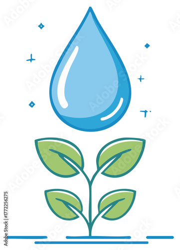Water drop nurturing green plant abstract illustration for ecology conservation and sustainability
