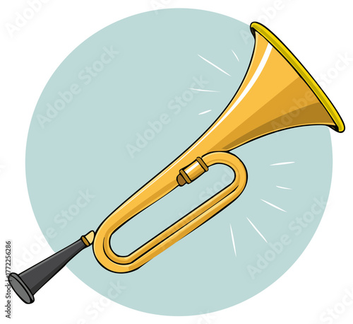 Golden Brass Bugle Horn Emitting Sound Rays in a Cheerful Cartoon Style