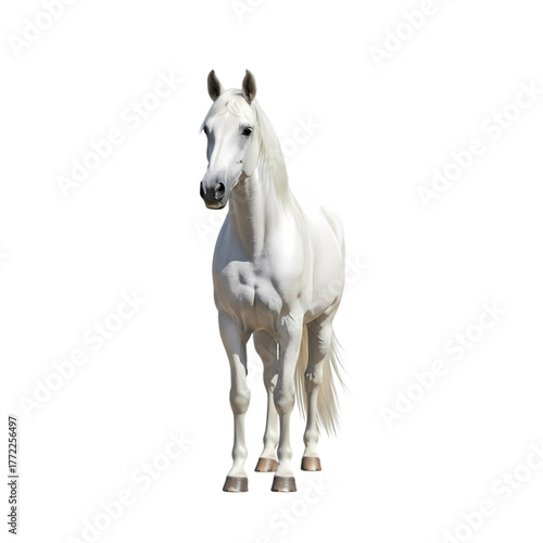 Majestic white Arabian horse standing elegantly, showcasing its powerful physique