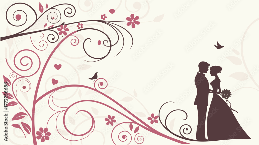 Naklejka premium Elegant wedding silhouette design with floral ornaments and birds for invitations