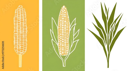 Agricultural concept close-up illustrative artwork of harvesting corn and grain
