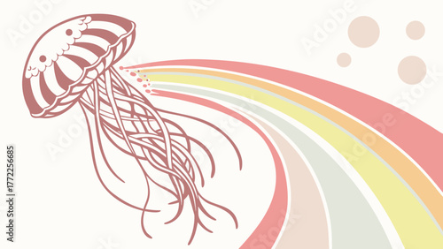 Whimsical jellyfish with pastel rainbow trail for playful designs and ocean themes