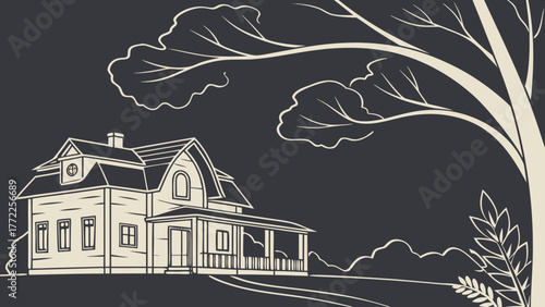 Charming vintage house illustration with tree, evoking peaceful country living