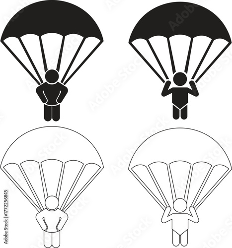 Skydiving parachute flat and line icons set with skydiver and air sport symbols, adventure jump, flight, parachutist, extreme sport and outdoor activity vectors isolated on transparent background.