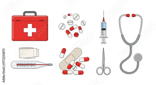 Medical supplies: first aid kit, pills, syringe, stethoscope, bandage, thermometer, scissors.